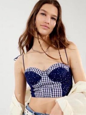 Urban Outfitters Navy Gingham Bustier Crop Top with White Star Speckle